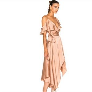 Zimmerman sueded silk “lipstick” rose, asymmetric, wrap, ruffles dress 70s blush